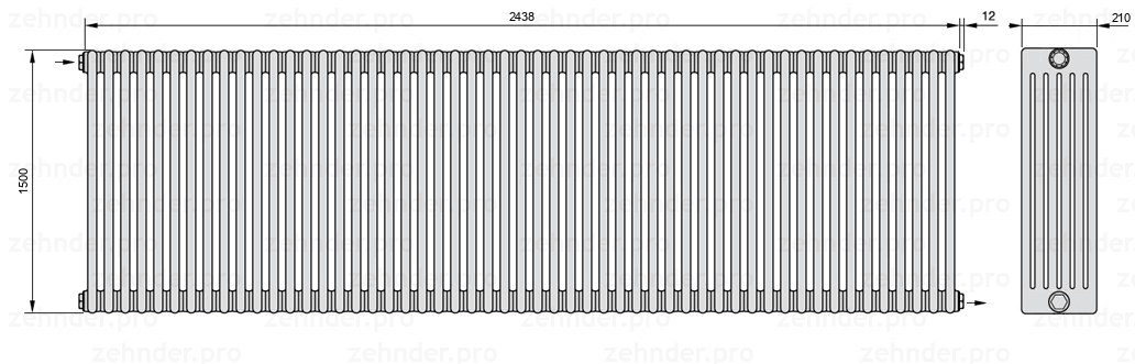 Схема (чертеж) Радиатор Zehnder Charleston 6150/53 №1670 Белый глянцевый RAL 9016